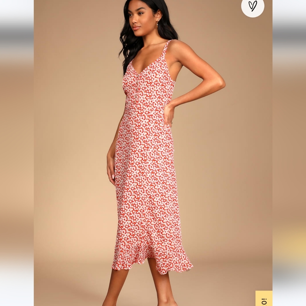 Lulu's Red & White Floral Midi Dress - Picture 2 of 8
